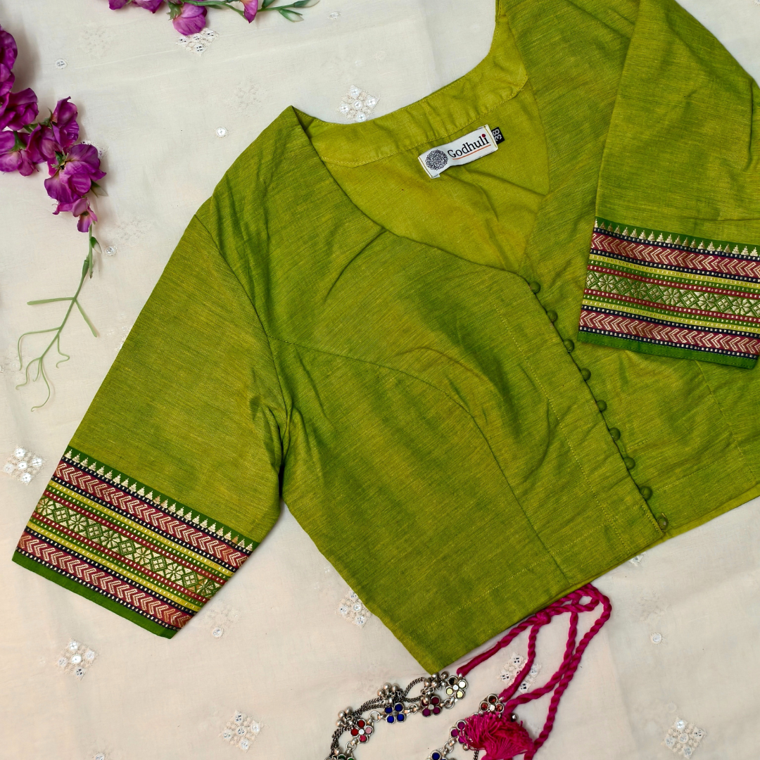 Buy Parrot Green Narayanpet Border Blouse | Godhuli