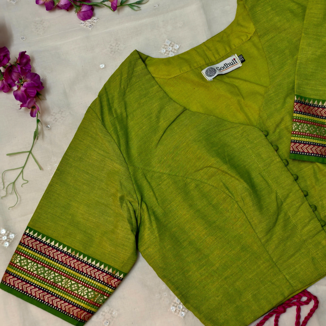 Buy Parrot Green Narayanpet Border Blouse | Godhuli