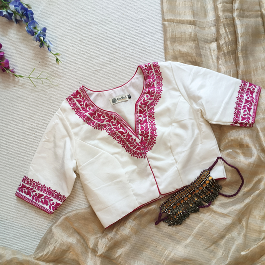 White Upada Silk Blouse in Rani Aari work Embroidery