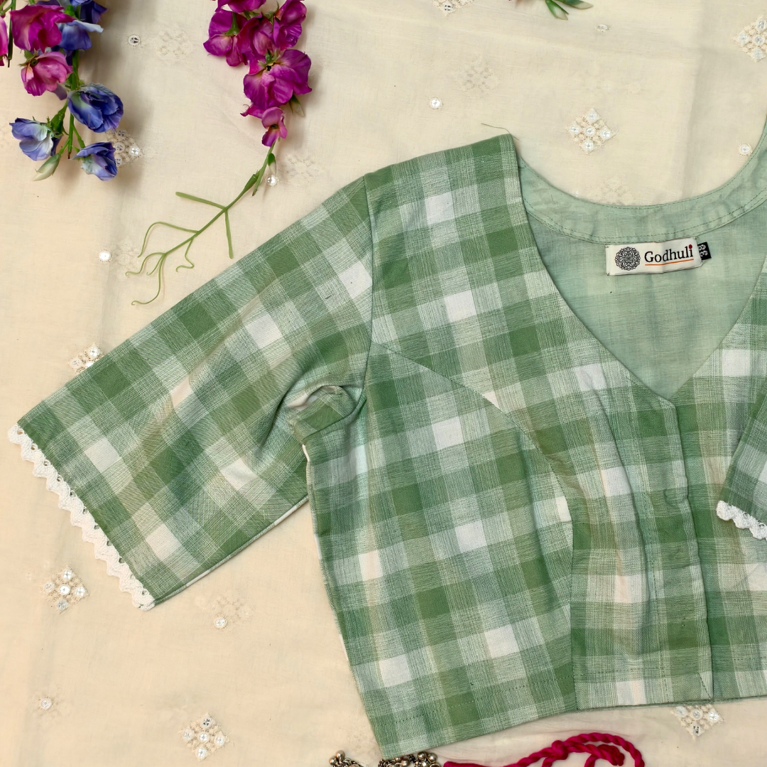 Buy Olive green and white Checks Blouse | Godhuli