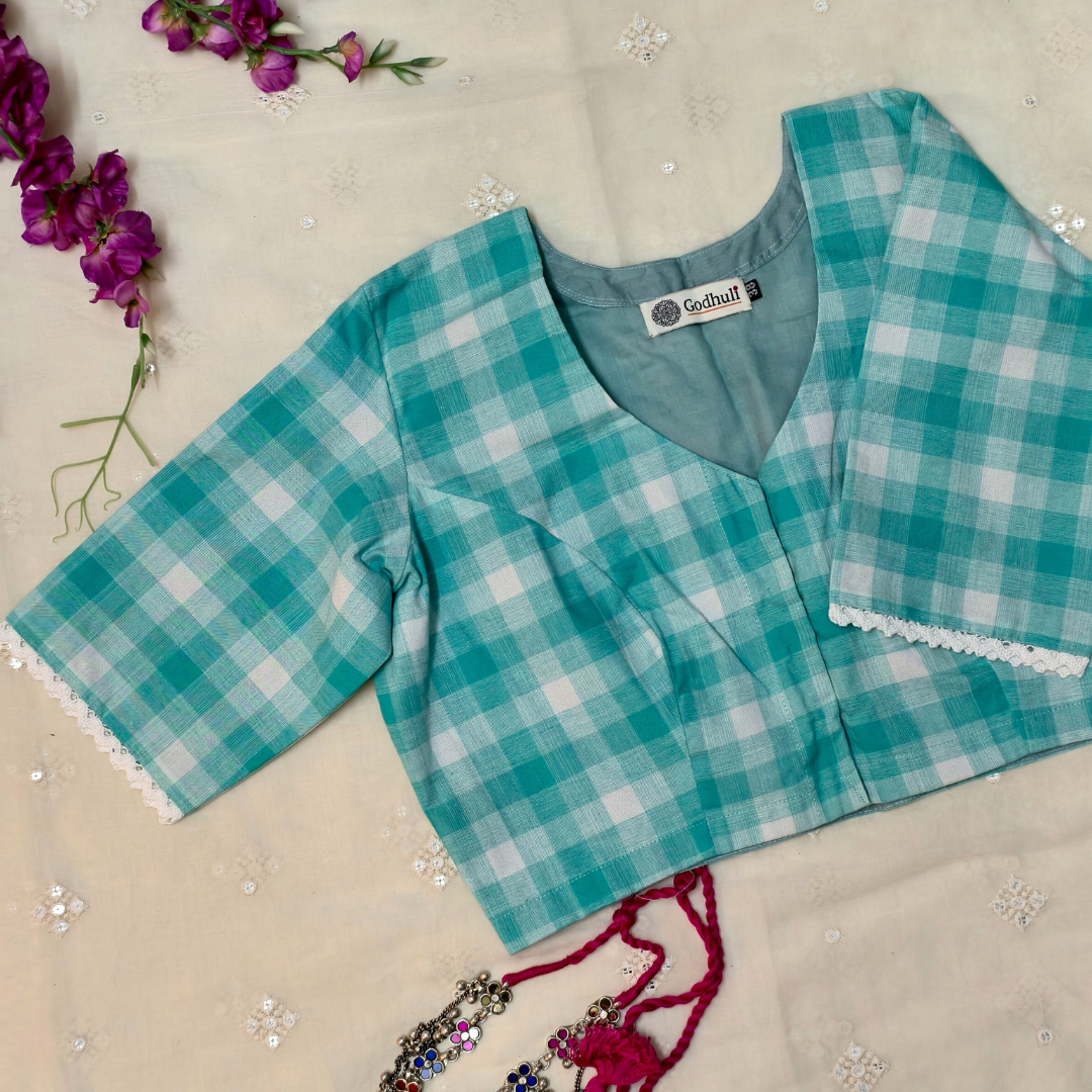 Buy Turquoise Blue and white checks Blouse | Godhuli