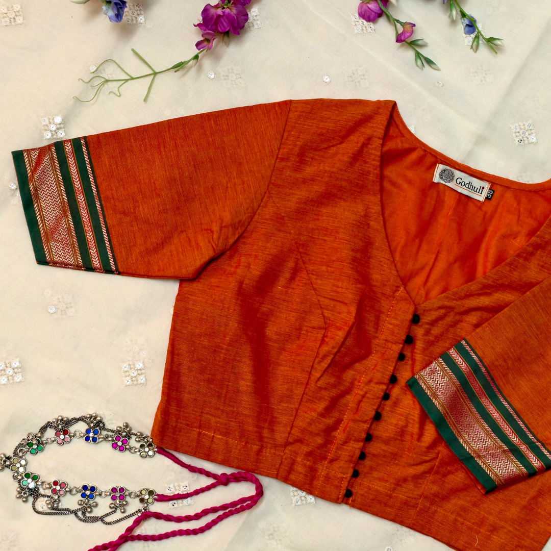 Buy Orange Narayanpet Border Blouse | Godhuli