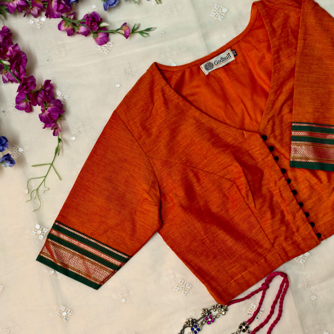 Buy Orange Narayanpet Border Blouse | Godhuli