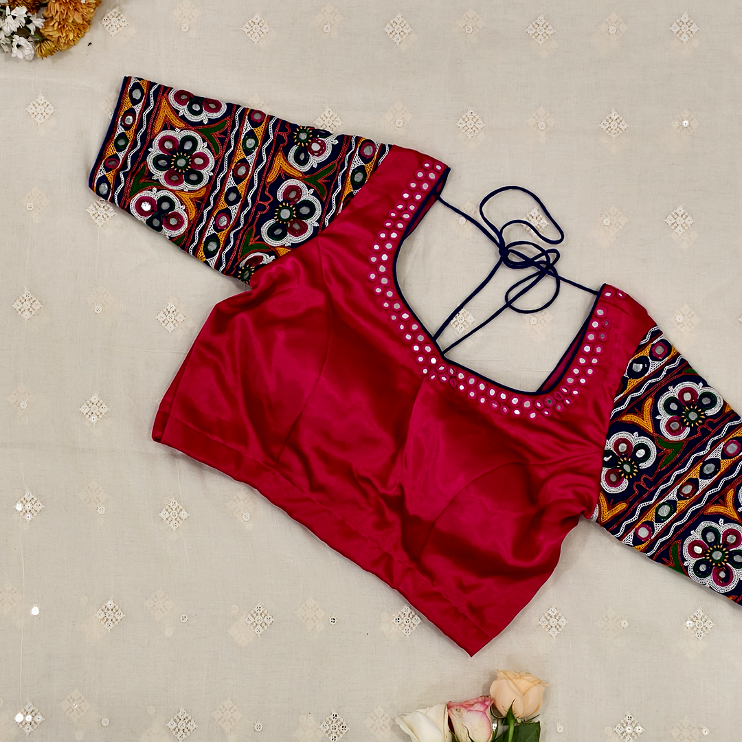 Buy Rani Gaji Mirror work Blouse with Royal blue Kutchi Work Sleeves | Godhuli