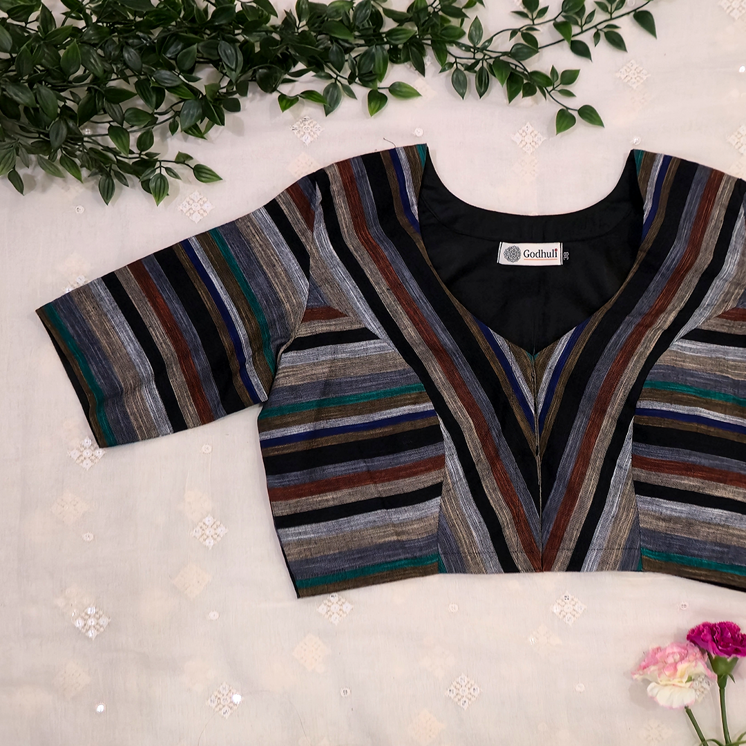 Buy Multicolored Black slub Blouse With Stripes | Godhuli