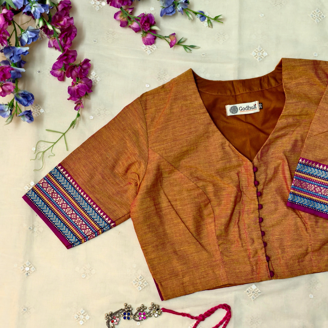 Buy Rust orange Narayanpet Border Blouse | Godhuli