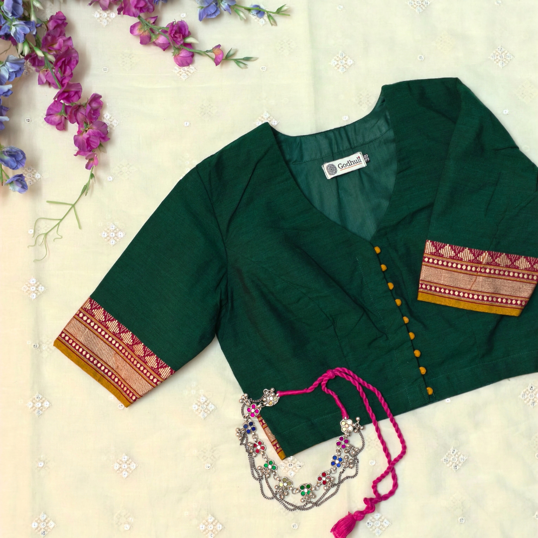 Buy Bottle Green Narayanpet Border Blouse| Godhuli