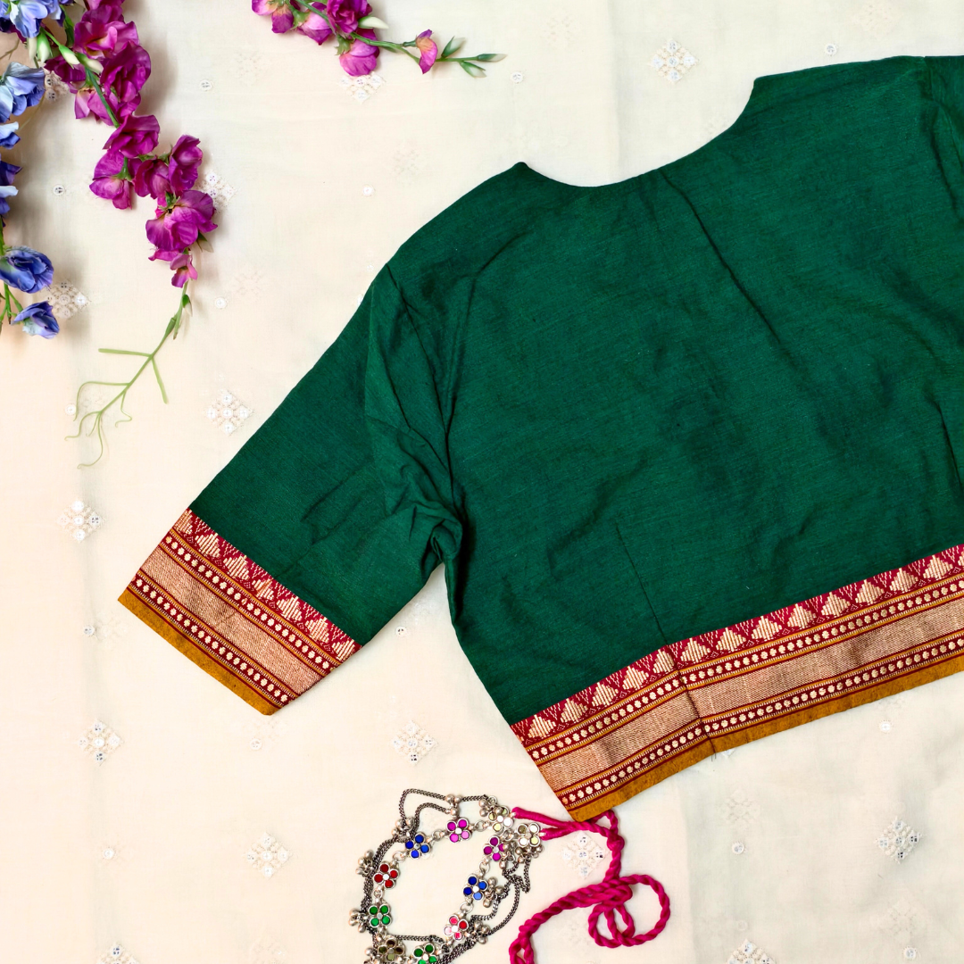 Buy Bottle Green Narayanpet Border Blouse| Godhuli