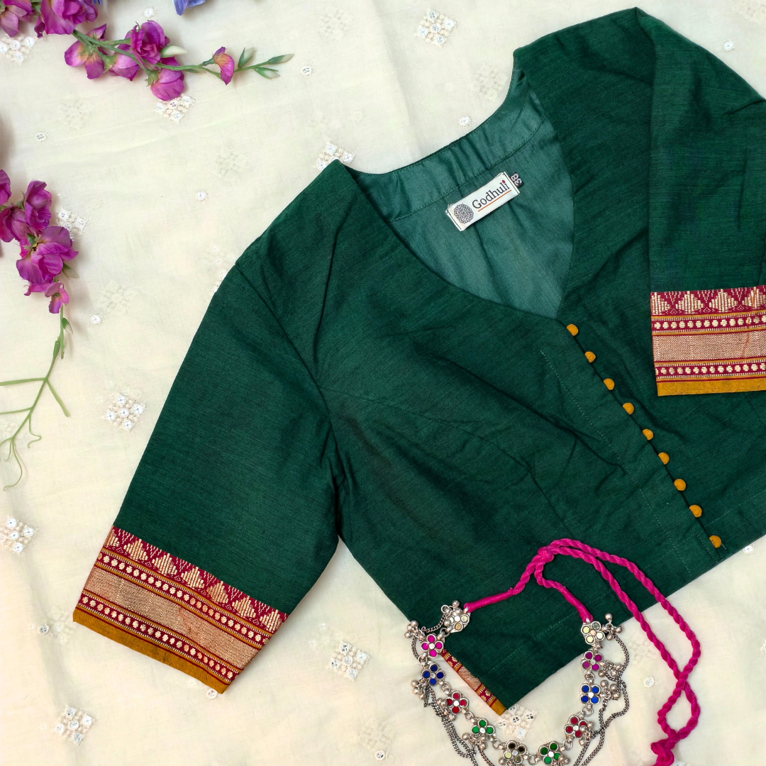 Buy Bottle Green Narayanpet Border Blouse| Godhuli