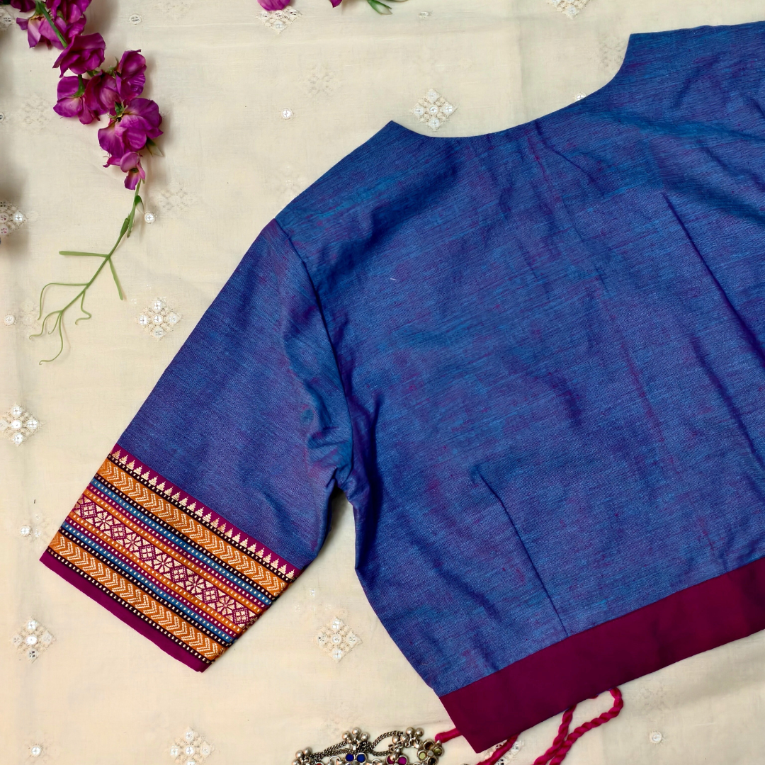 Buy Purplish blue Narayanpet Border Blouse | Godhuli