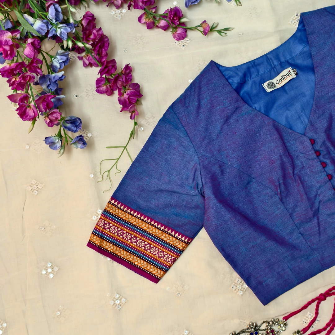 Buy Purplish blue Narayanpet Border Blouse | Godhuli