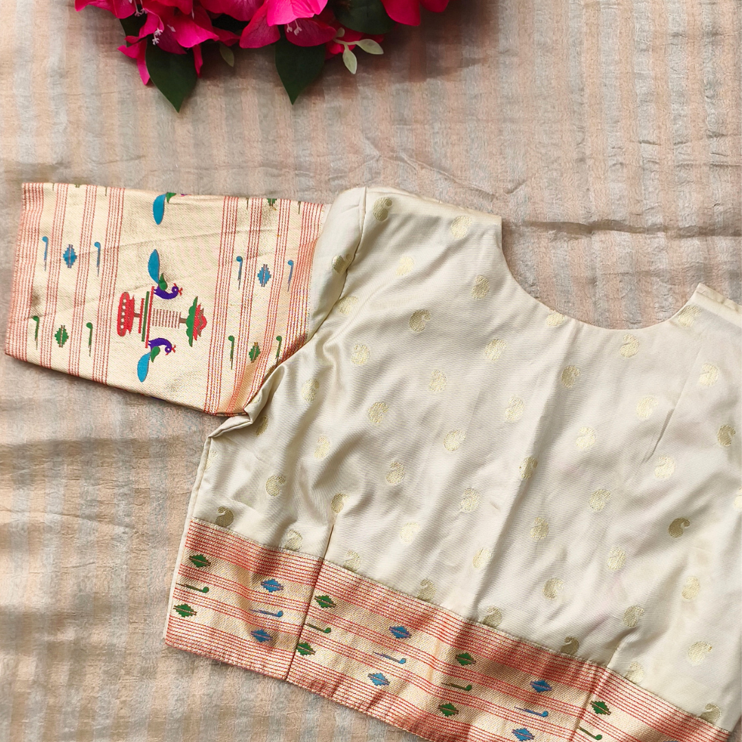 Cream Paithani Peacock Border Sleeves Readymade Blouse | Godhuli