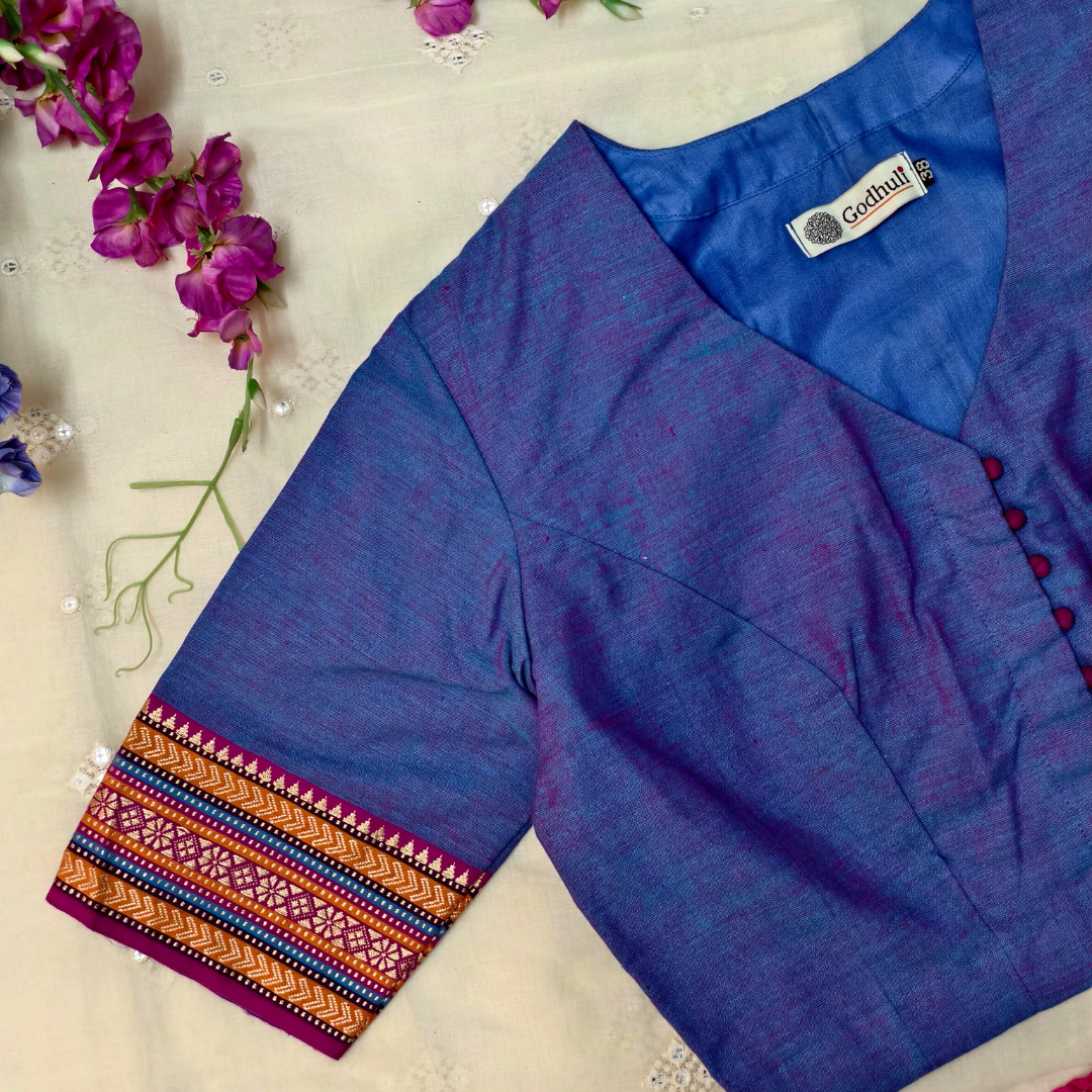 Buy Purplish blue Narayanpet Border Blouse | Godhuli