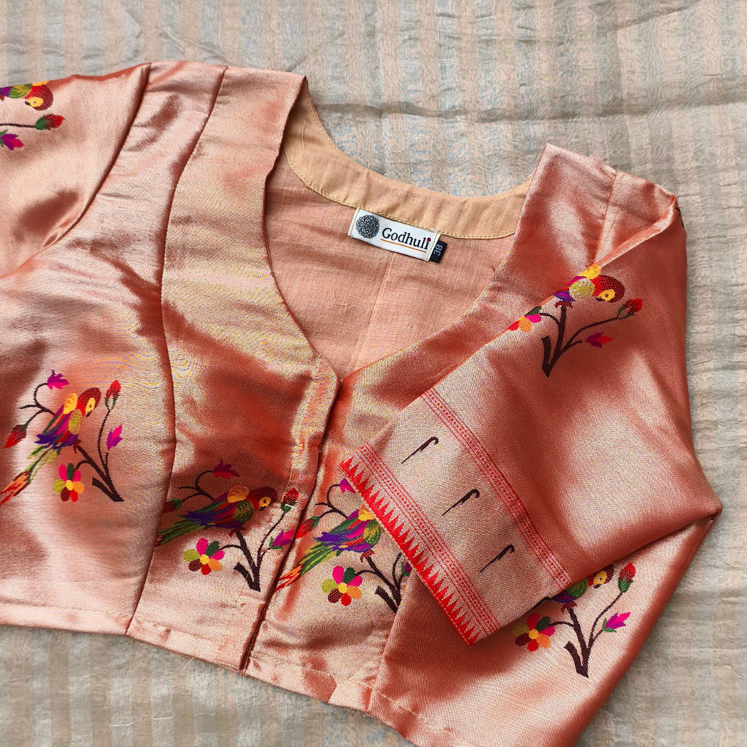 Golden Red Parrot Motif Paithani Readymade Blouse | Godhuli