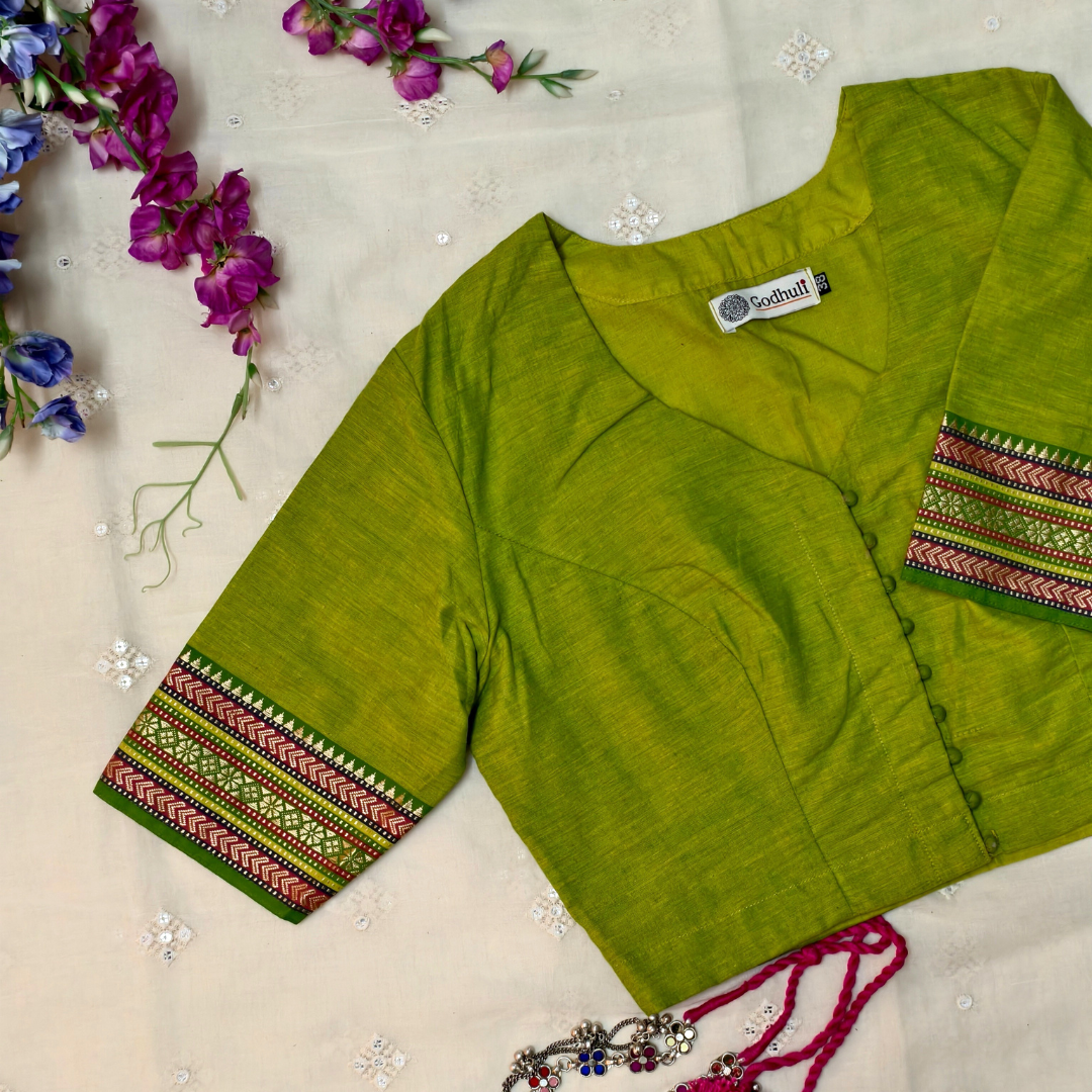 Buy Parrot Green Narayanpet Border Blouse | Godhuli