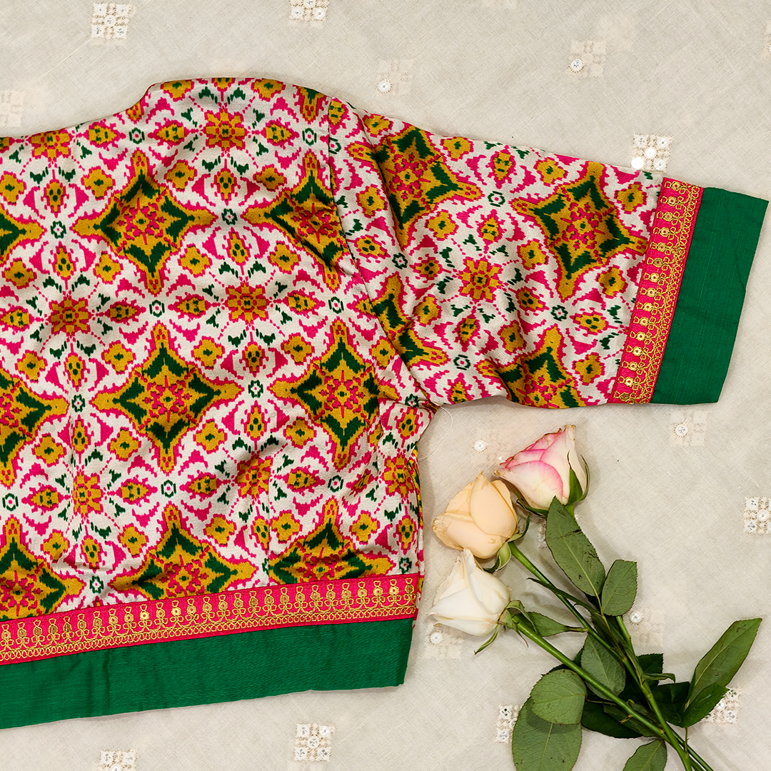Buy Patola Print White Gaji Silk Blouse | Godhuli