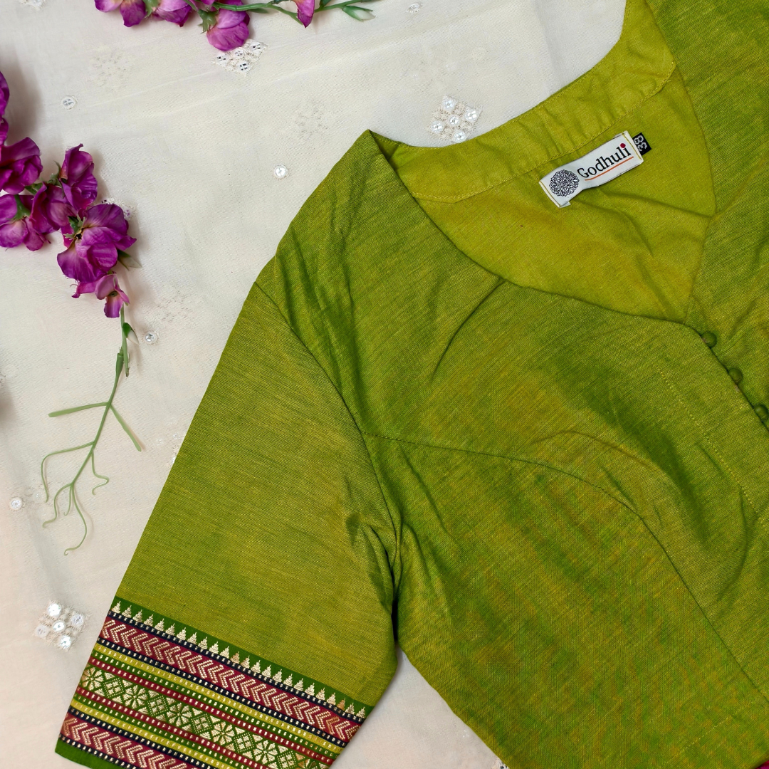 Buy Parrot Green Narayanpet Border Blouse | Godhuli