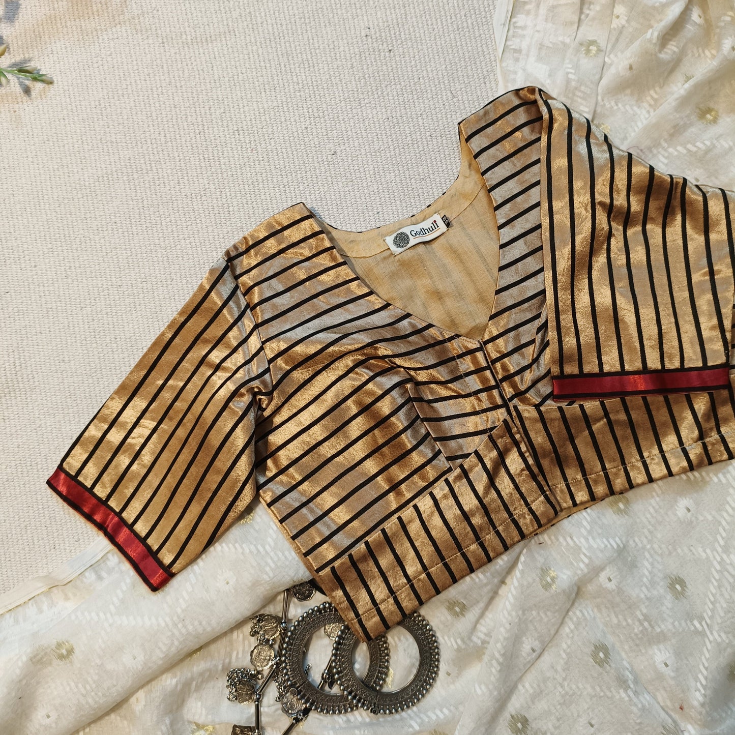 Beige Gaji Silk Stripes Blouse