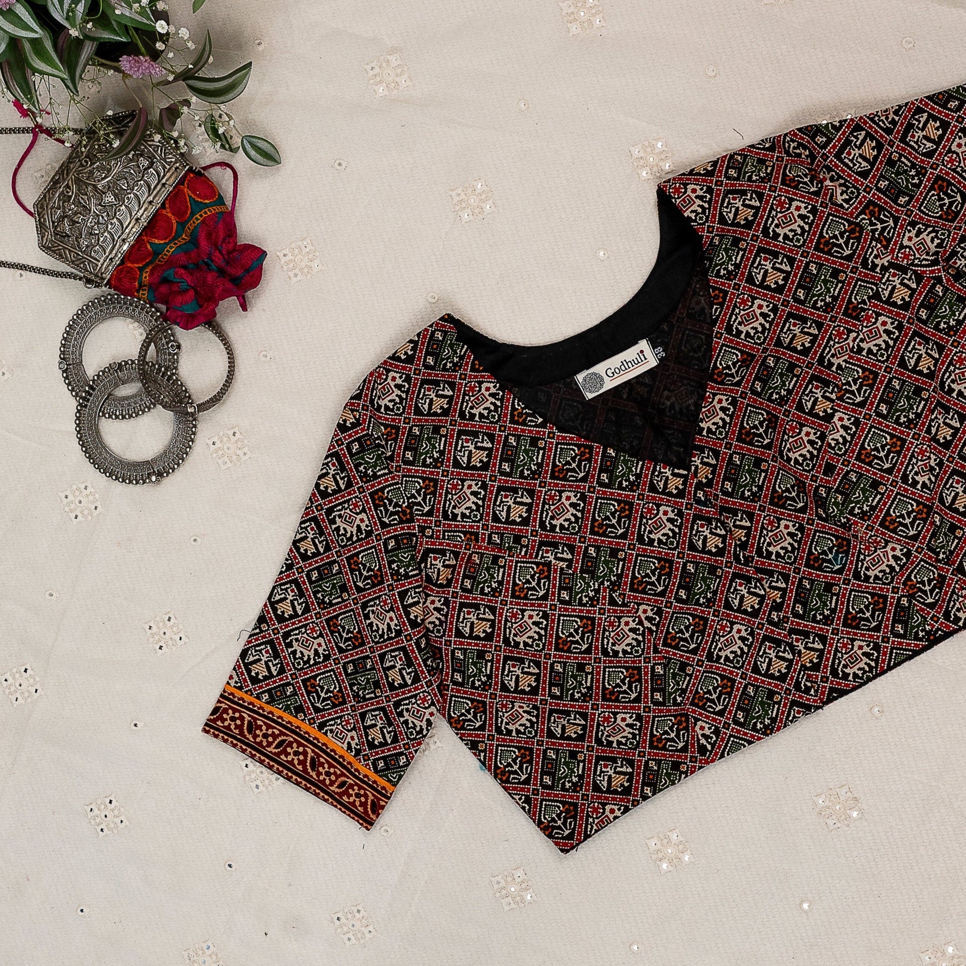 Black Cotton Patola Print Blouse