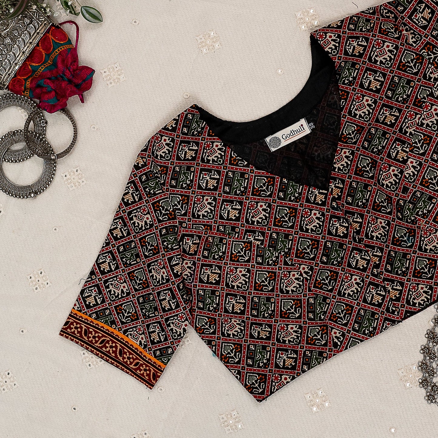 Black Cotton Patola Print Blouse