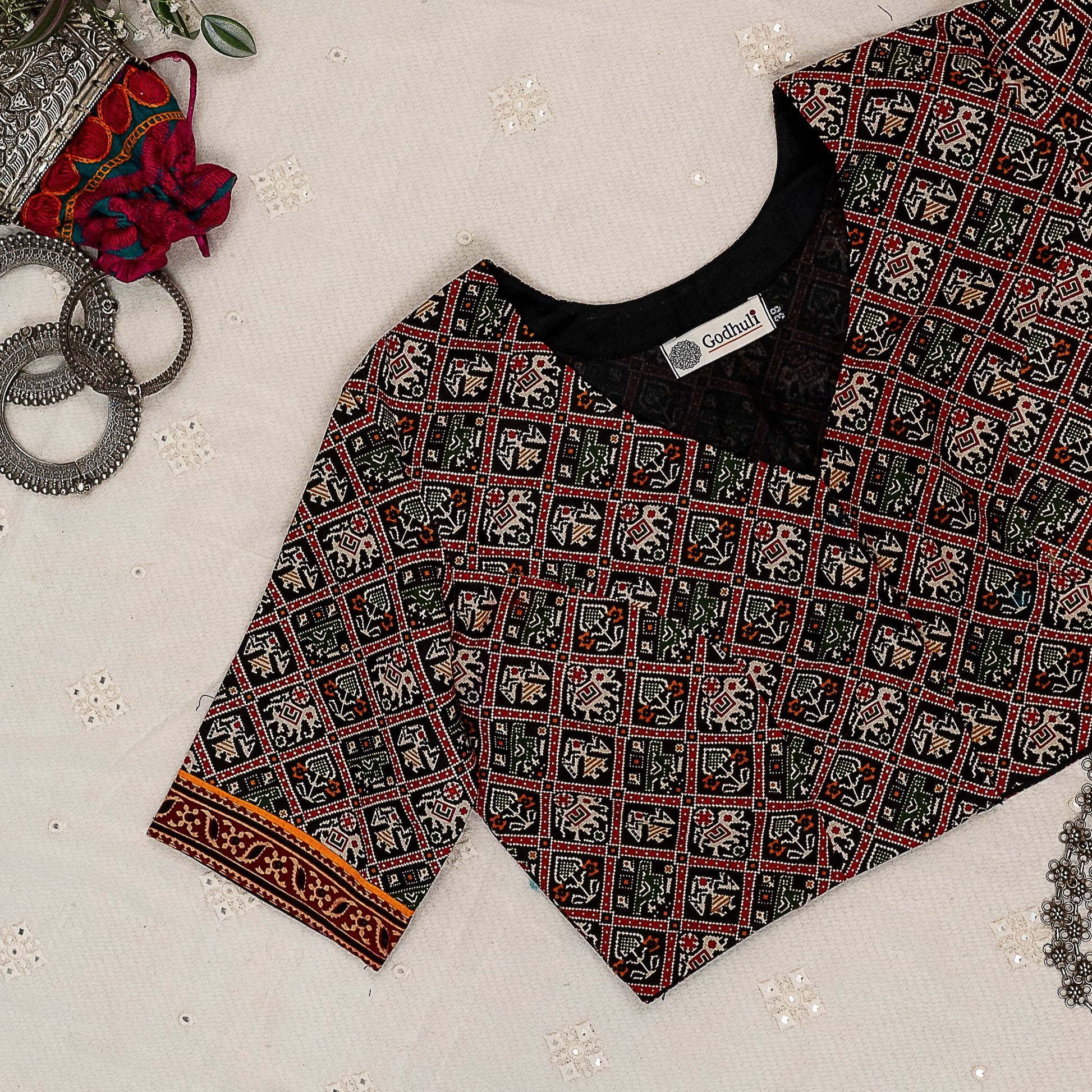 Black Cotton Patola Print Blouse