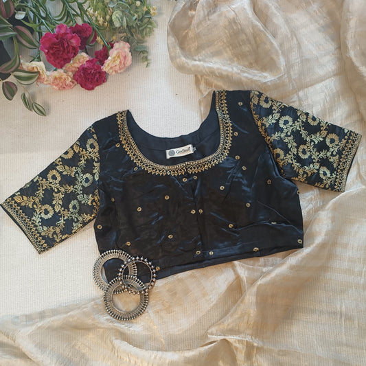 Black Gaji Silk Brocade Sleeves Aari Work Blouse