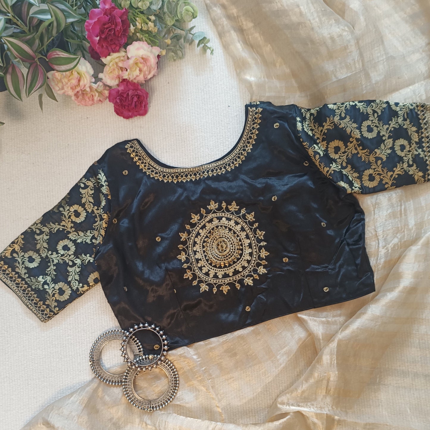 Black Gaji Silk Brocade Sleeves Aari Work Blouse