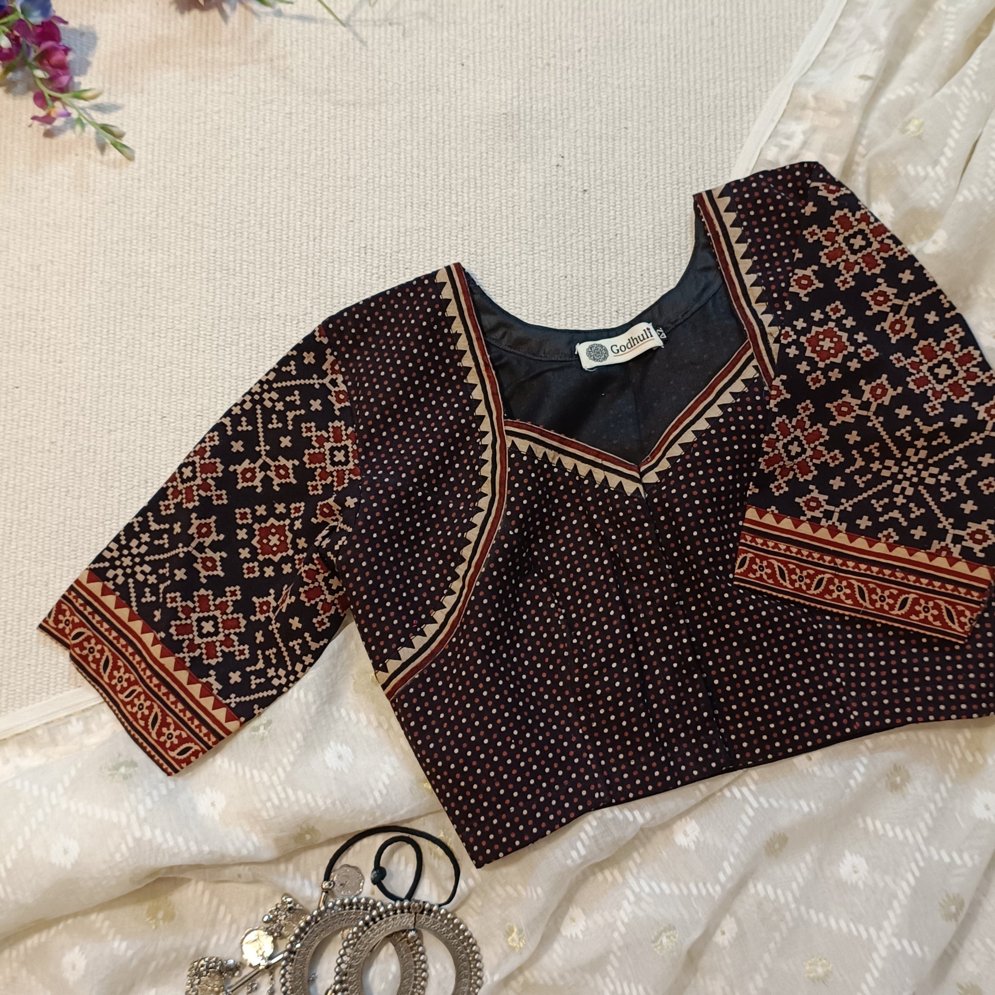 Black Gamathi Blouse with Patola Print Sleeves