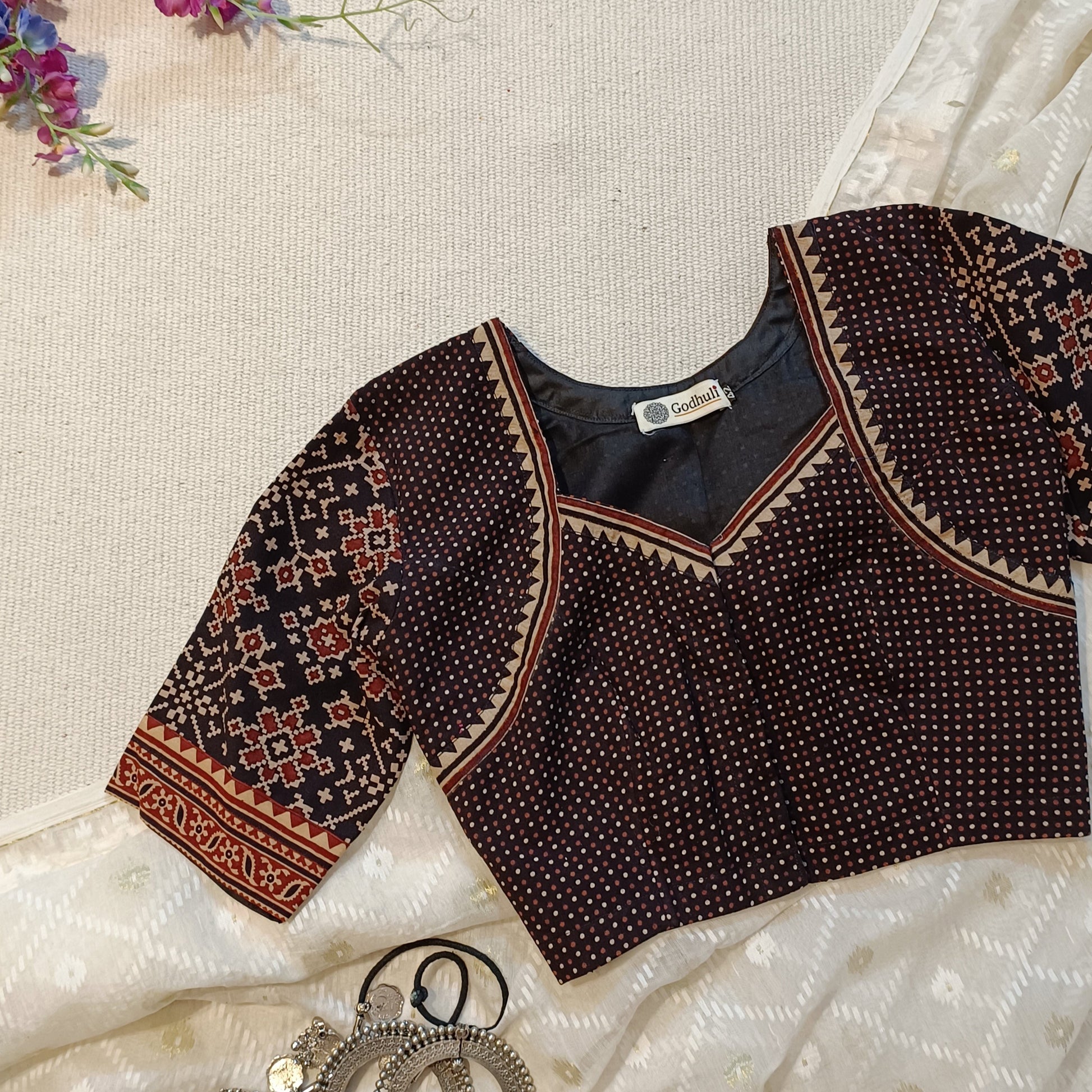 Black Gamathi Blouse with Patola Print Sleeves