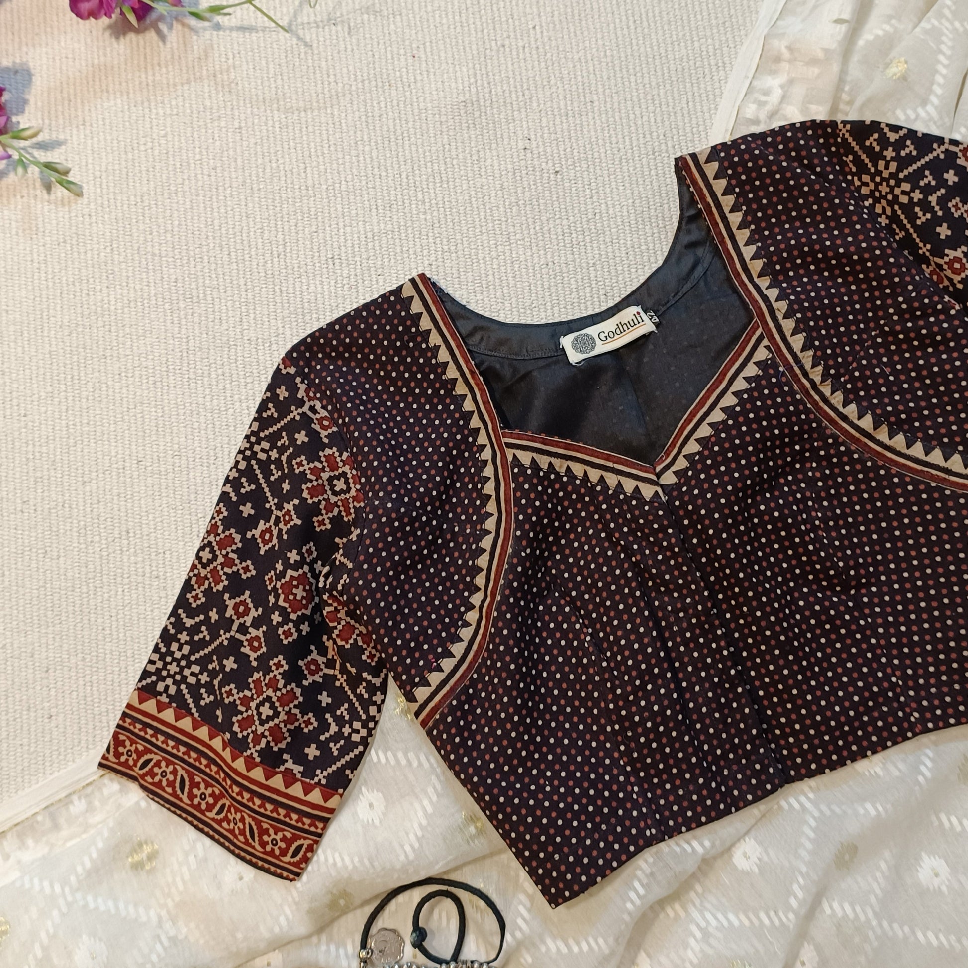 Black Gamathi Blouse with Patola Print Sleeves