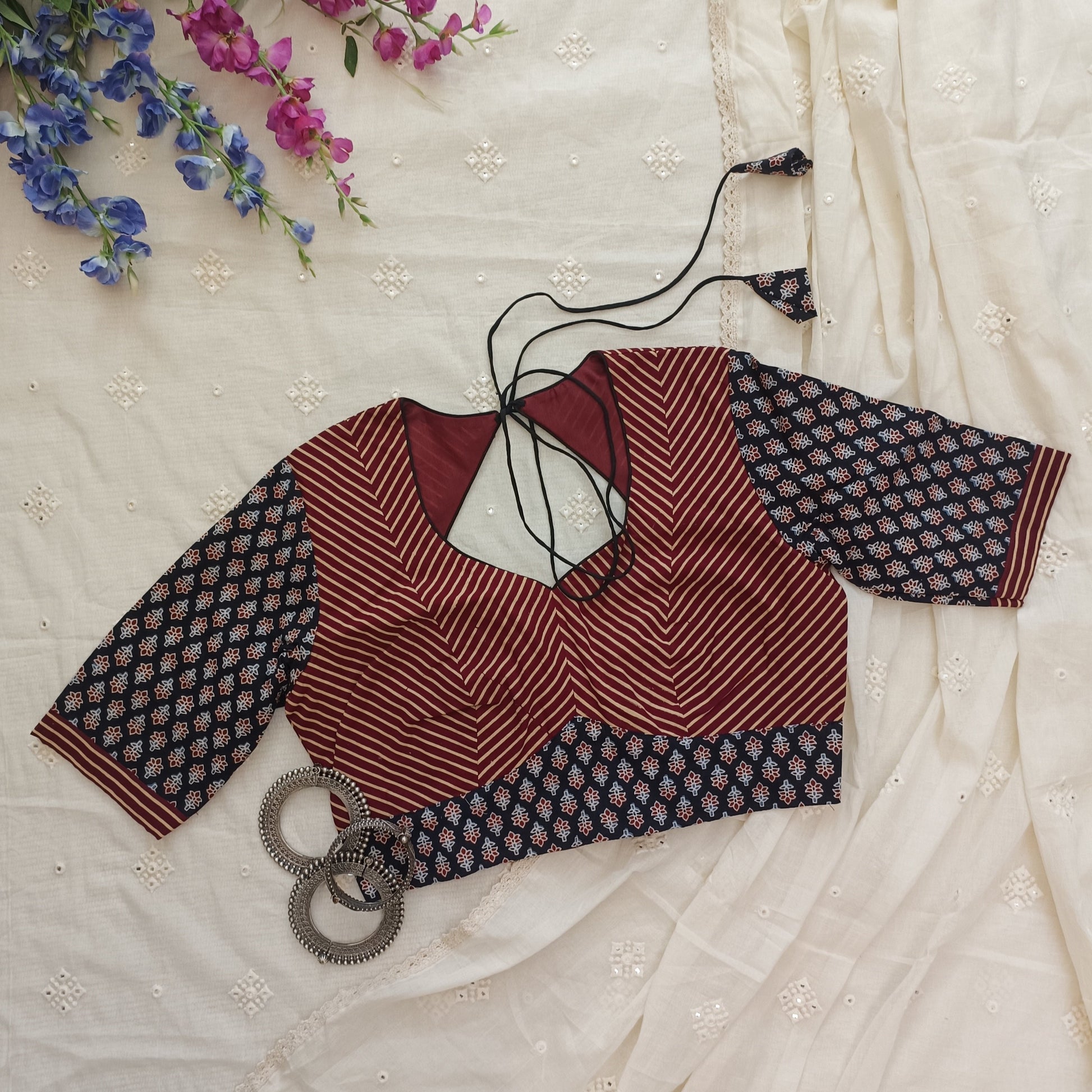 Black Maroon Ajrakh Choli Blouse