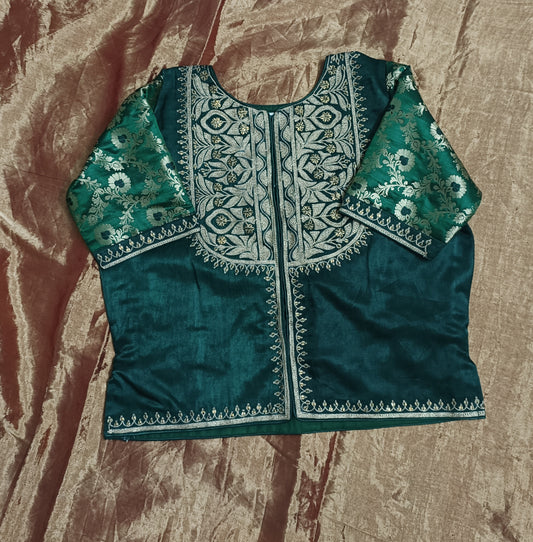 Bottle Green Gaji Silk Aari Work Blouse Combo