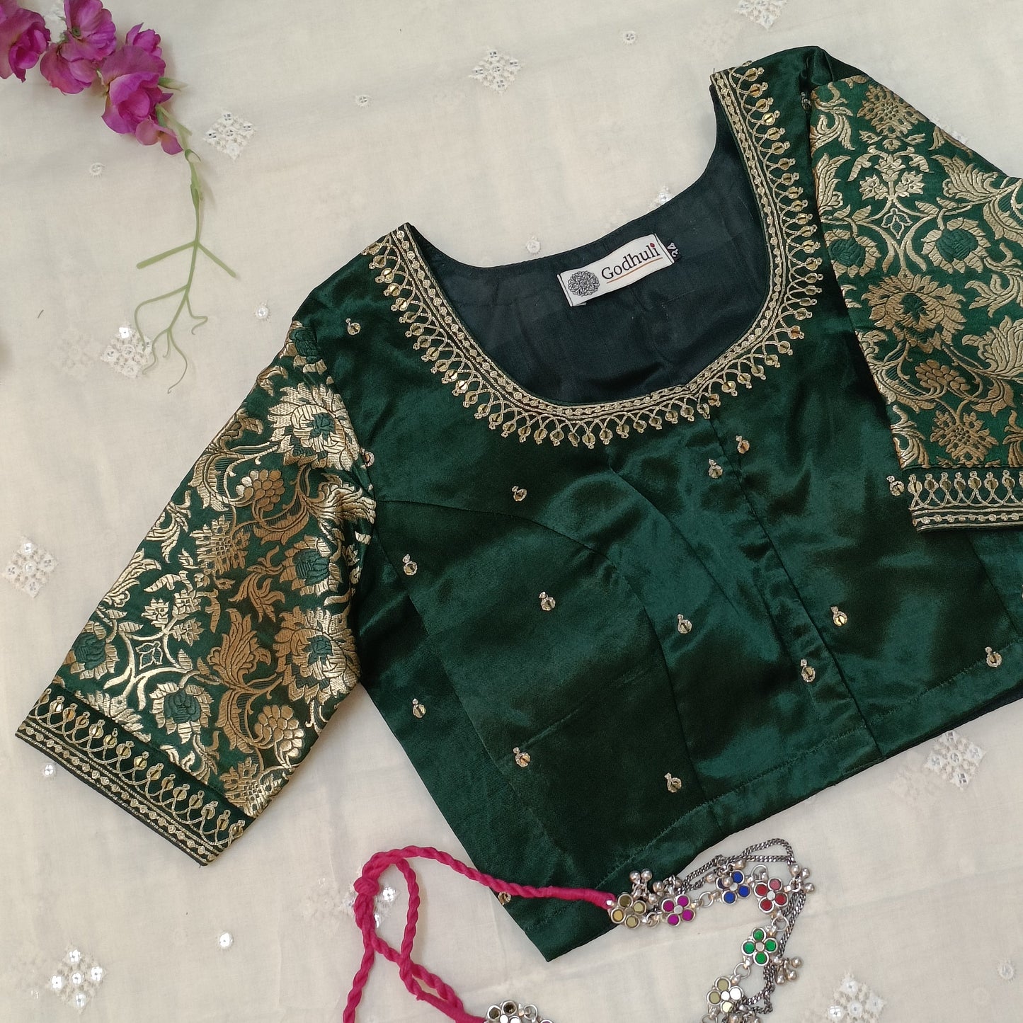 Bottle Green Silk Brocade Sleeves Aari Work Blouse