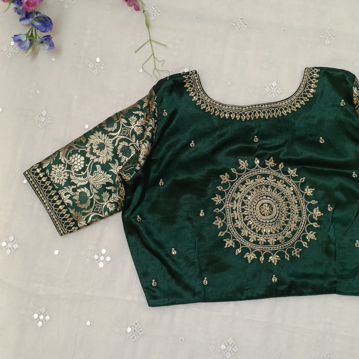 Bottle Green Silk Brocade Sleeves Aari Work Blouse