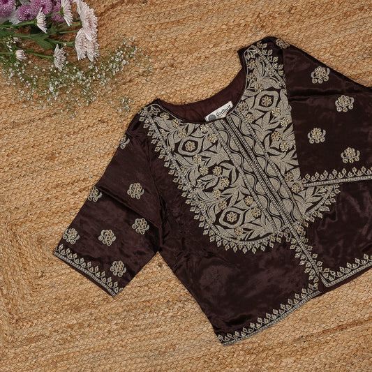 Chocolate Brown Gaji Silk Aari Work Blouse