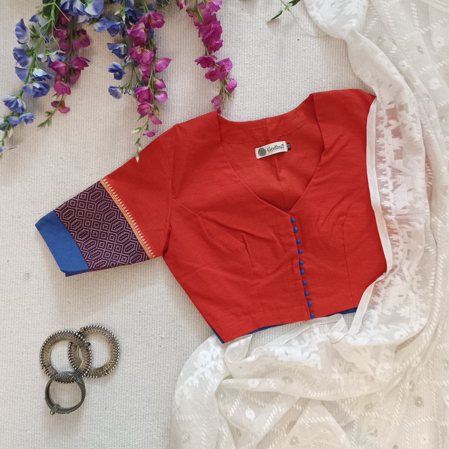 Coral Orange Pink Narayanpet Border Blouse