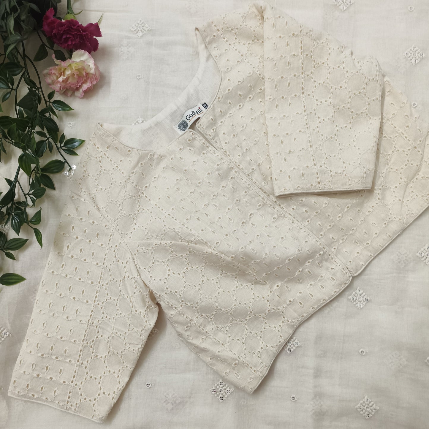 Cut-work Embroidered Blouse with Front Slit