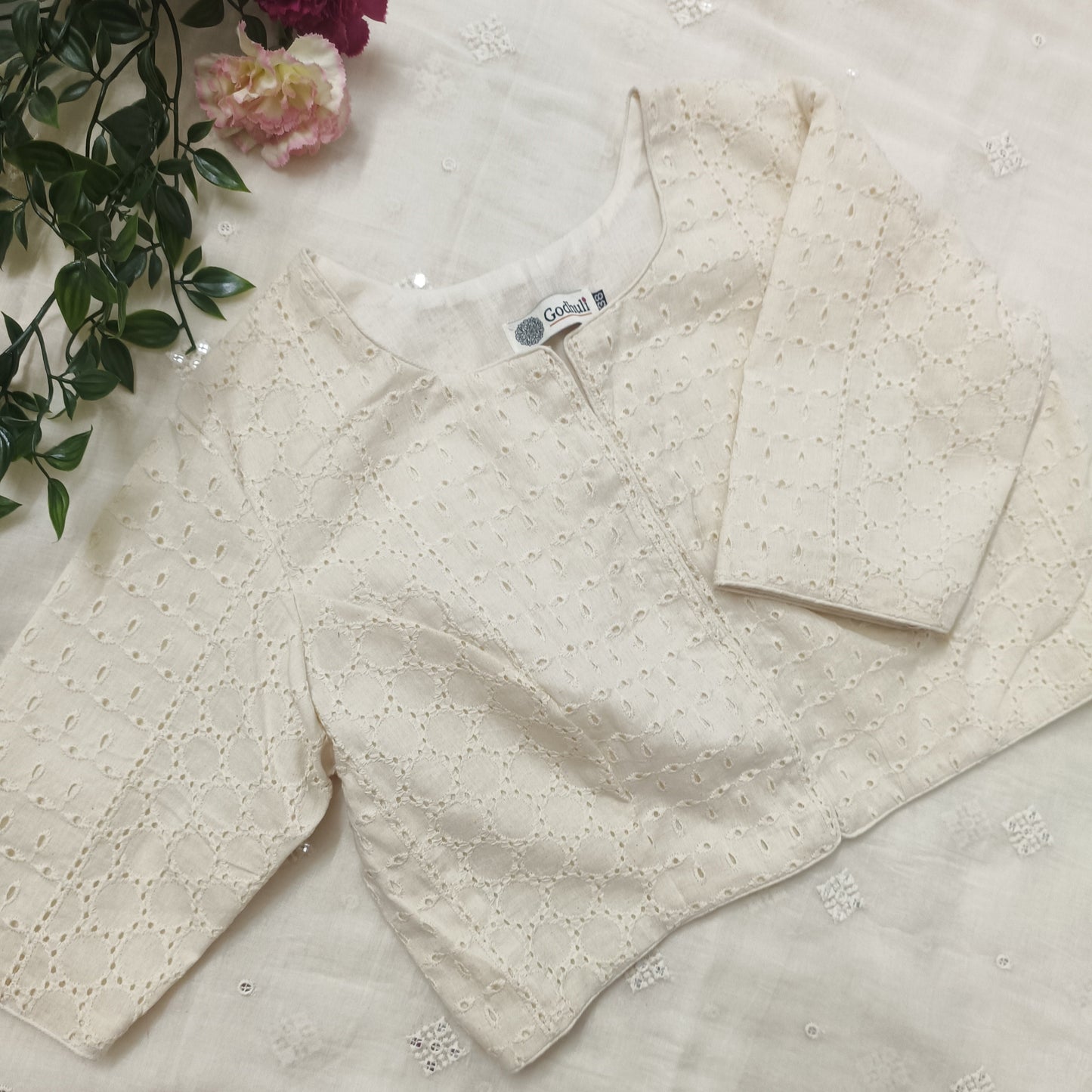 Cut-work Embroidered Blouse with Front Slit