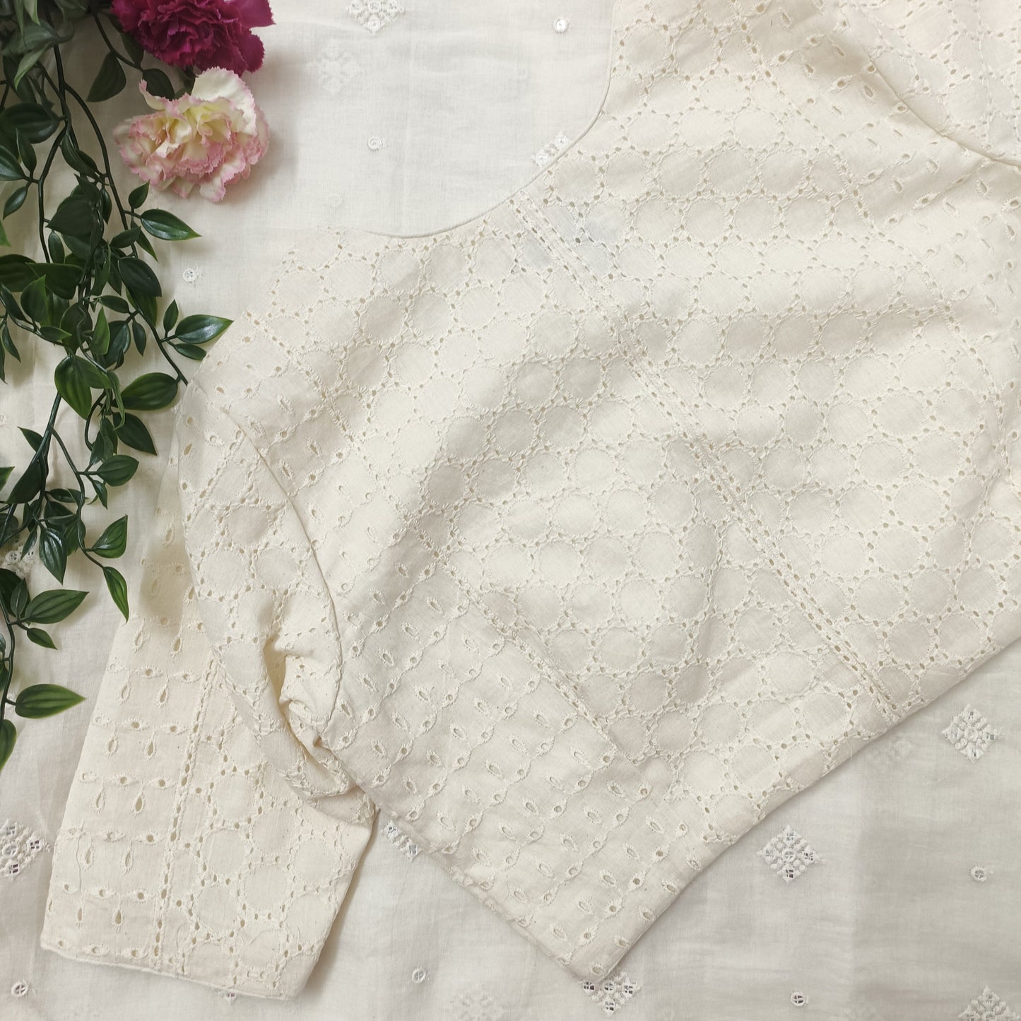 Cut-work Embroidered Blouse with Front Slit