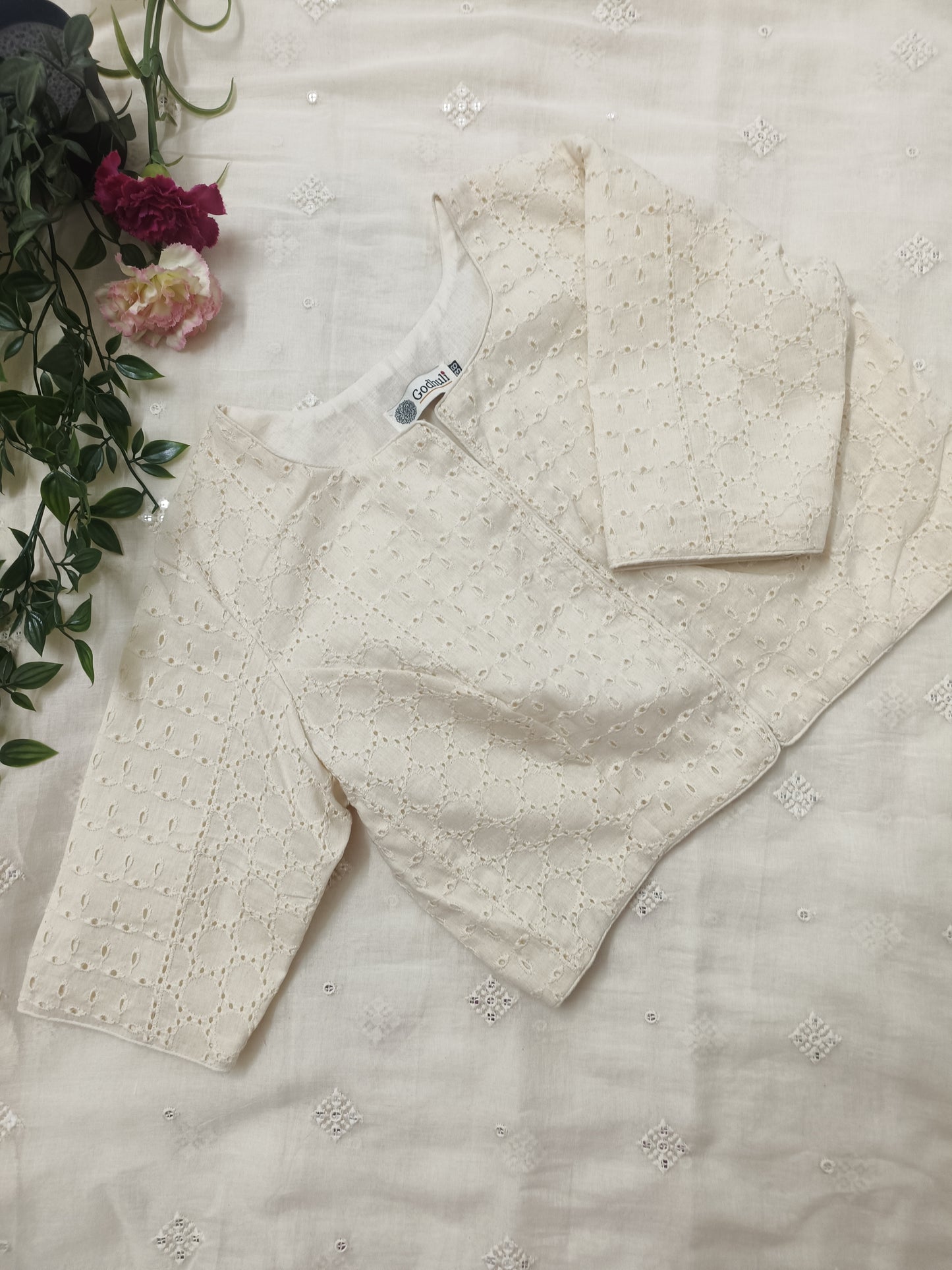 Cut-work Embroidered Blouse with Front Slit Combo