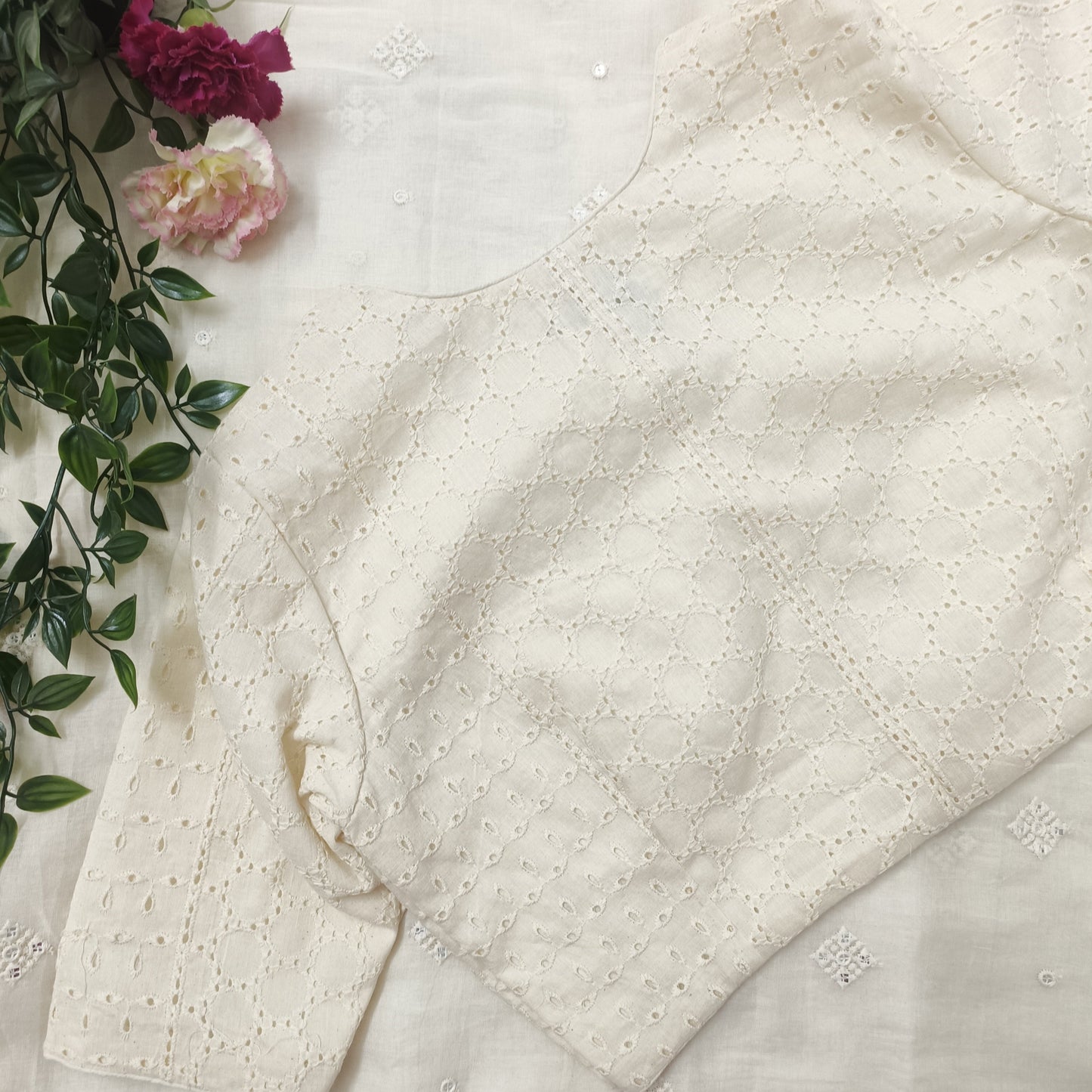 Cut-work Embroidered Blouse with Front Slit Combo