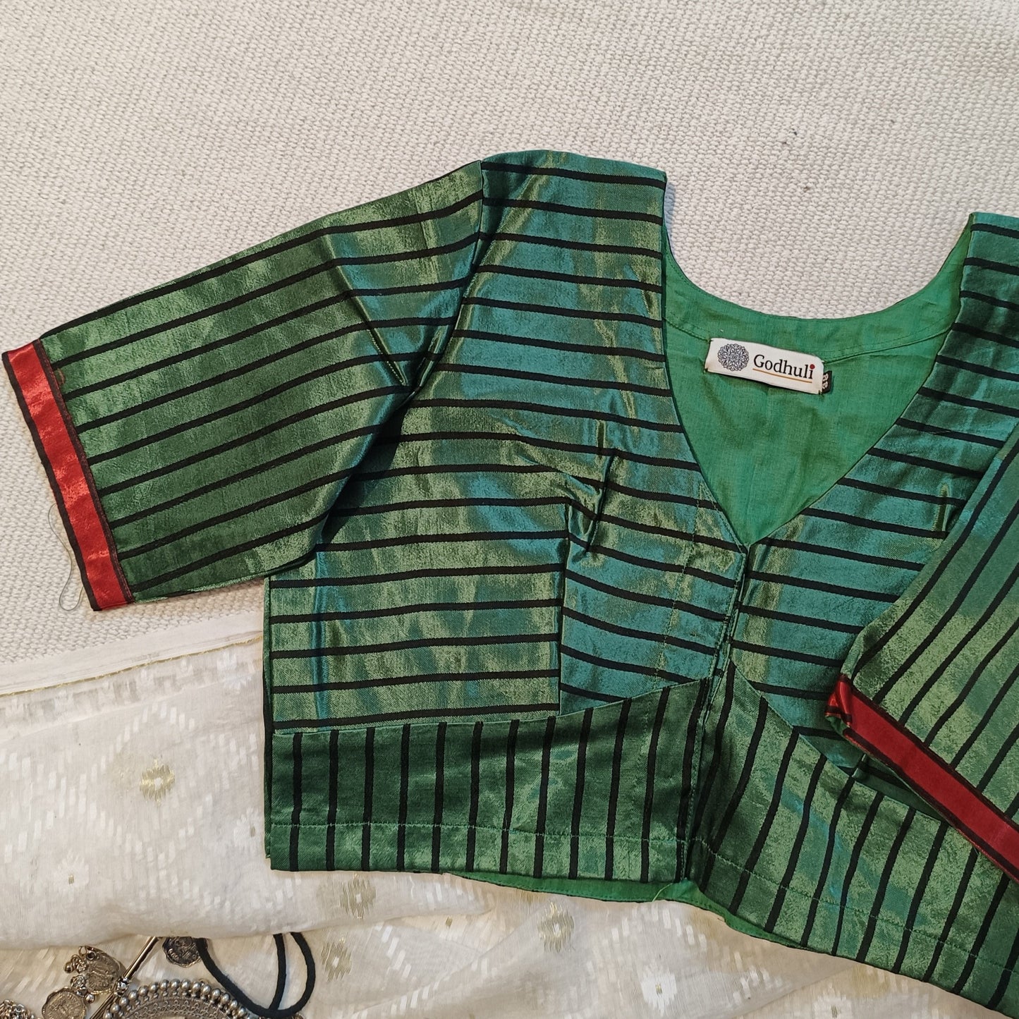 Dark Green Gaji Silk Stripes Blouse
