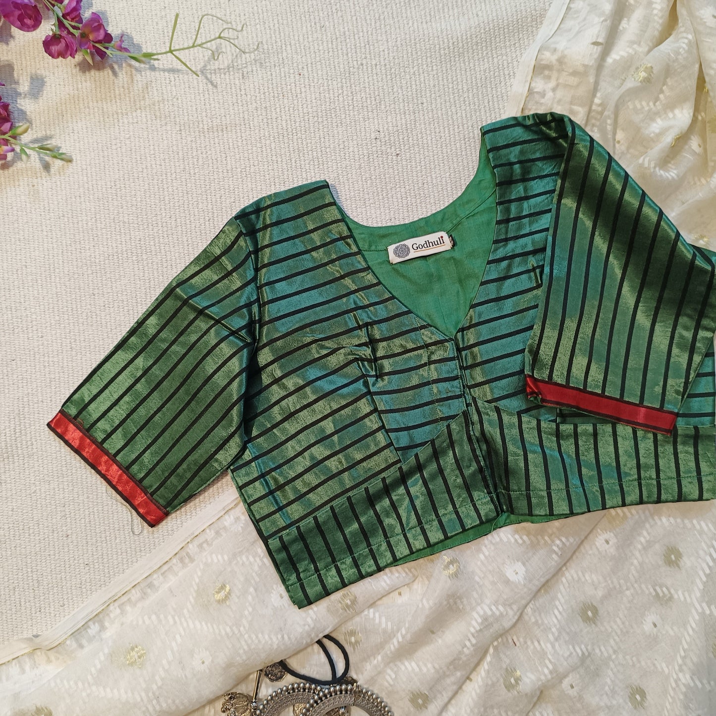 Dark Green Gaji Silk Stripes Blouse