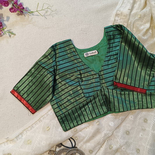 Dark Green Gaji Silk Stripes Blouse