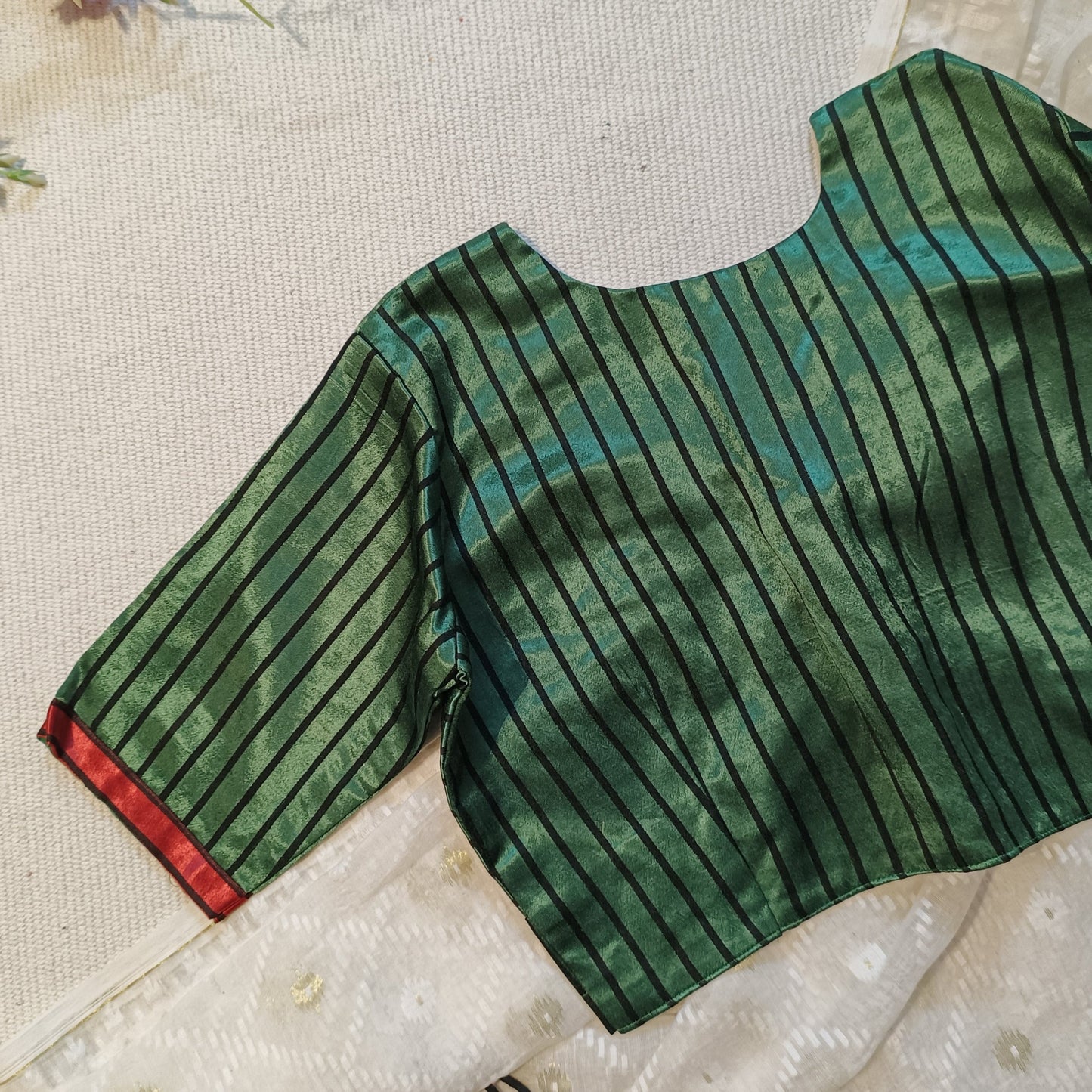 Dark Green Gaji Silk Stripes Blouse