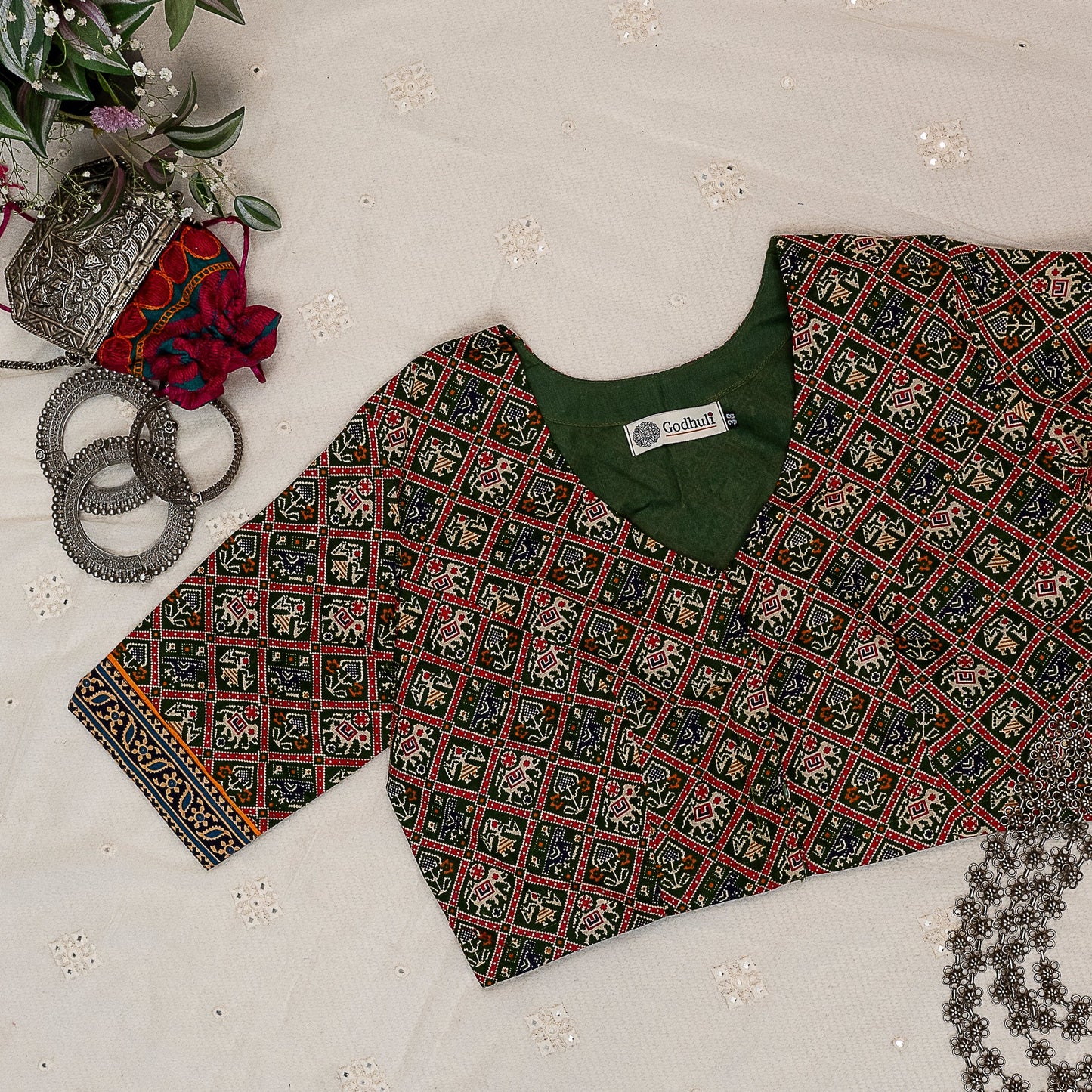 Green Cotton Patola Print Blouse