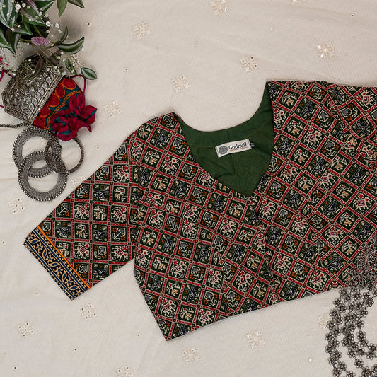 Green Cotton Patola Print Blouse