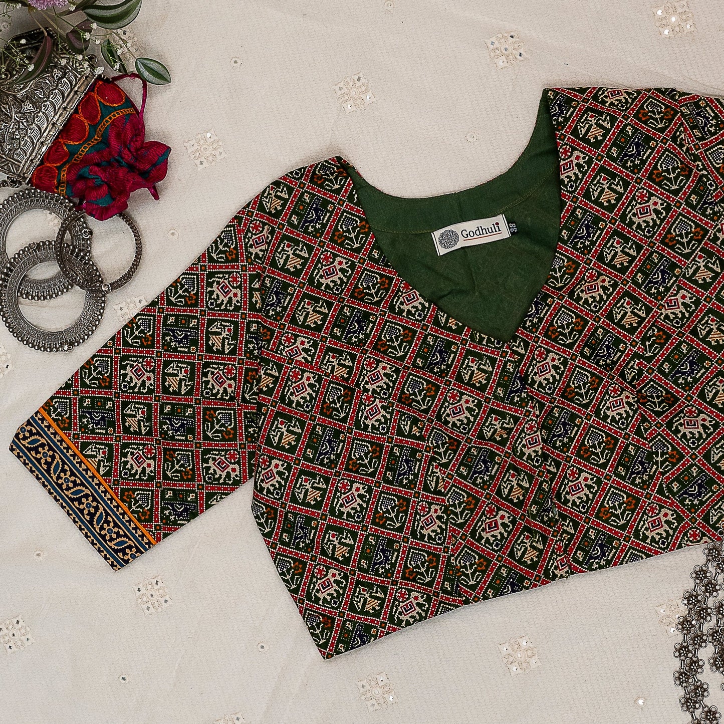 Green Cotton Patola Print Blouse