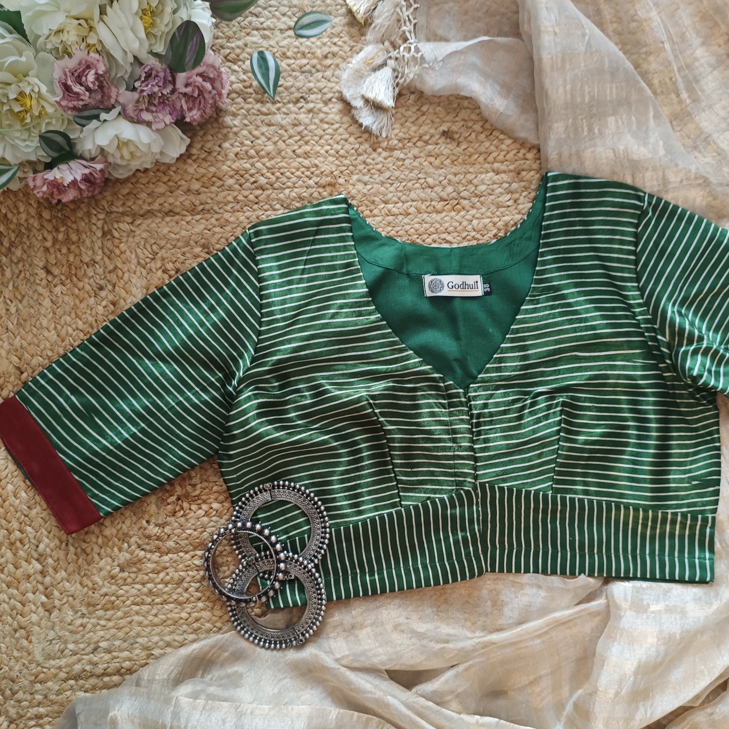 Green Gaji Silk Stripes Blouse