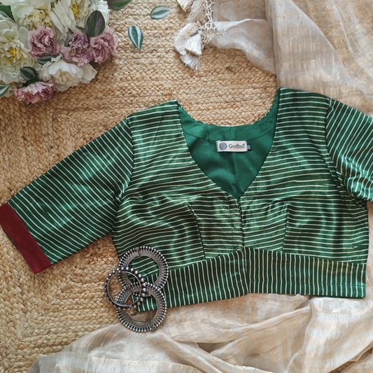 Green Gaji Silk Stripes Blouse